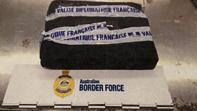 Court released photos of the exterior of a fake diplomatic pouch containing cocaine which was mailed into Australia. Picture: Border Force.