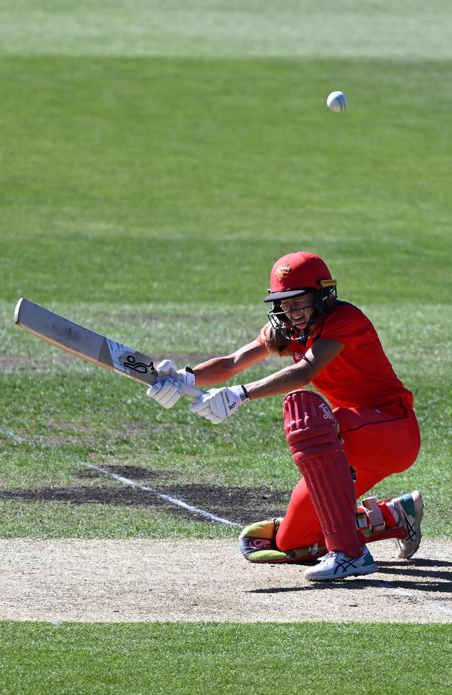 Emma de Broughe of the Scorpions bats during the WNCL match between Tasmania and South Australia at Blundstone Arena on March 27, 2022 in Hobart, Australia. (Photo by Steve Bell/Getty Images)