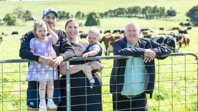 Duncan Morris and his share farmers Henry and Zali Moyle, 2yo Nelly and 9.5 month old Alfie. Picture: Zoe Phillips