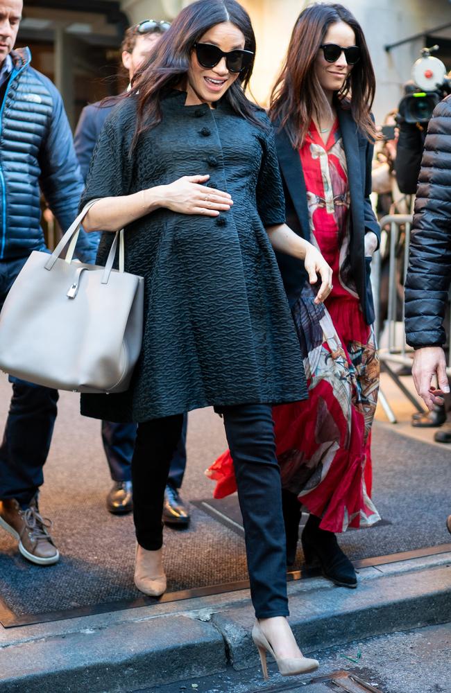 The Duchess of Sussex and former Suits co-star Abigail Spencer at luxurious Upper East Side hotel The Mark, which boasts the most expensive suite in the United States. Picture: Gotham/GC Images