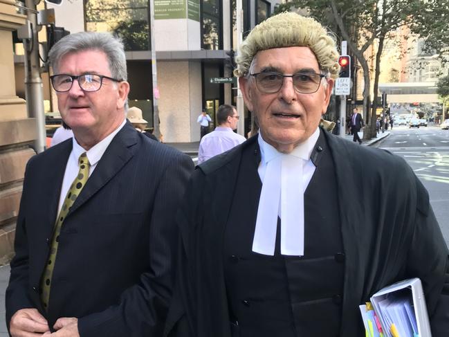 Barrister Clive Steirn SC arrives at the NSW Supreme Court with veteran TV journalist Steve Barrett. Picture: Natalie O'Brien