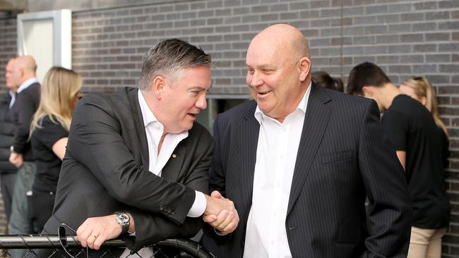 Pressing the flesh … Collingwood president Eddie McGuire with Barry Brown, Emirates VP Australasia. Picture: Stuart McEvoy