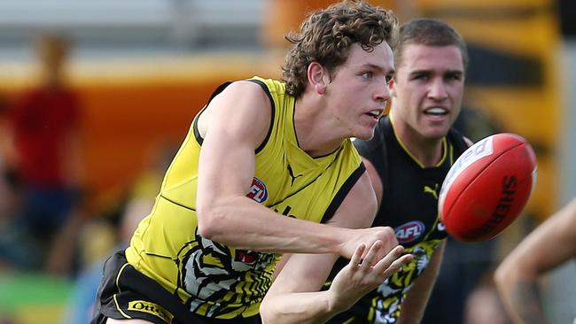 First-year midfielder Riley Collier-Dawkins in action during the Tigers’ intra-club match. Picture: Michael Klein