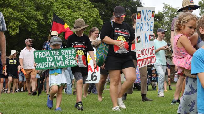 Hundreds of Territorians demonstrated on Invasion Day 2024 by marching from Civic Park through Darwin city on Friday, January 26. Picture: Zizi Averill