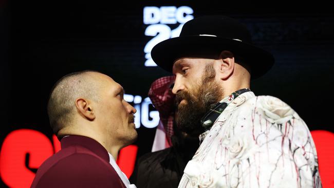 Usyk and Fury face off ahead of the IBF, IBO, WBA, WBC and WBO Undisputed World Heavyweight Title fight. (Photo by Richard Pelham/Getty Images)