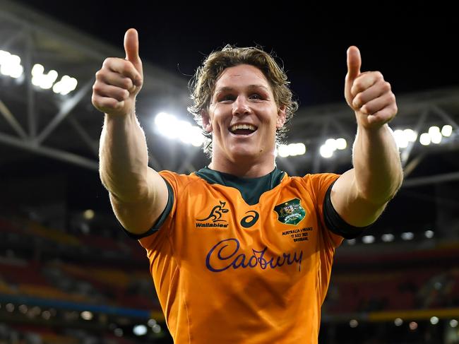 BRISBANE, AUSTRALIA - JULY 17: Michael Hooper of the Wallabies thanks the crowd as he celebrates victory during the International Test Match between the Australian Wallabies and France at Suncorp Stadium on July 17, 2021 in Brisbane, Australia. (Photo by Albert Perez/Getty Images)