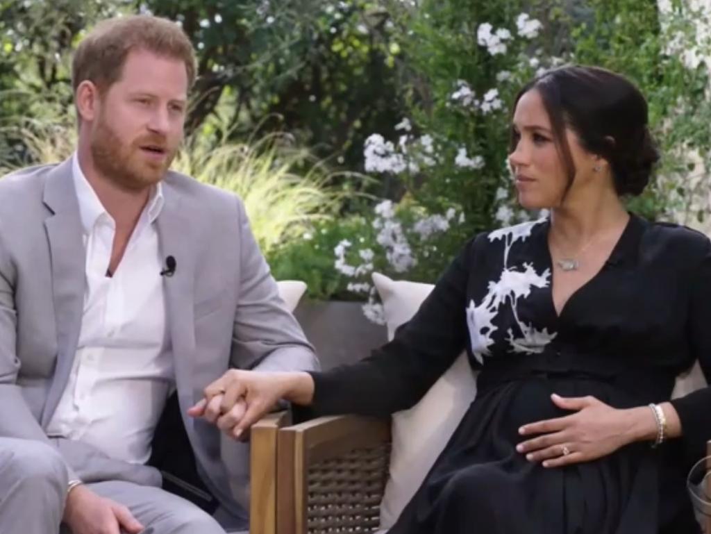 Harry and Meghan during their tell-all interview with Oprah. Picture: Supplied