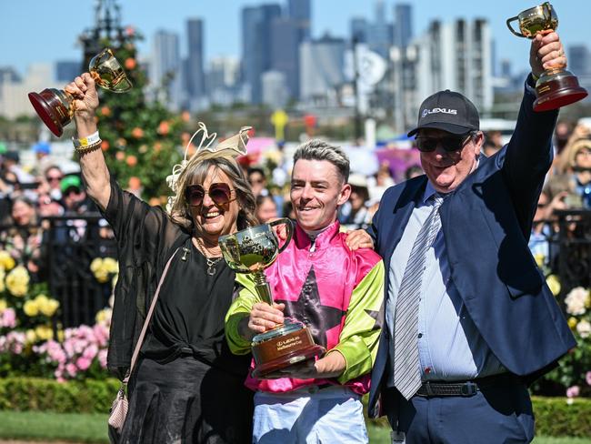 Sheila Laxon , Robbie Dolan and John Symons after winning the Lexus Melbourne Cup with Knight's Choice at Flemington Racecourse on November 05, 2024 in Flemington, Australia. (Photo by Reg Ryan/Racing Photos via Getty Images)