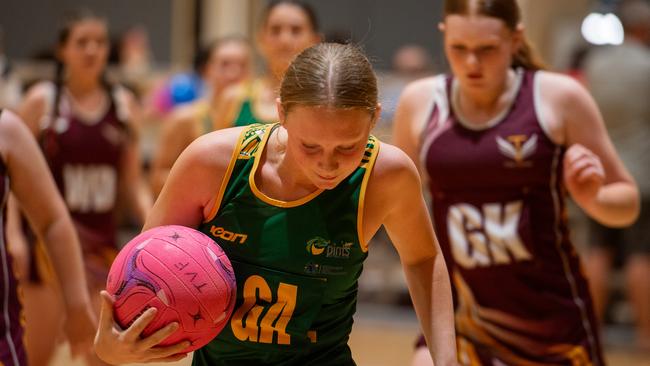 Tracy Village Falcons against the Pints Dragons in the 2023 Darwin Netball under-15 Div 2 grand final. Picture: Pema Tamang Pakhrin