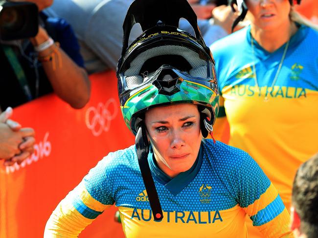 Caroline Buchanan crashes and is out of the competition on Finals day of the Rio Olympics 2016 BMX event at the Olympic BMX Centre. Pics Adam Head