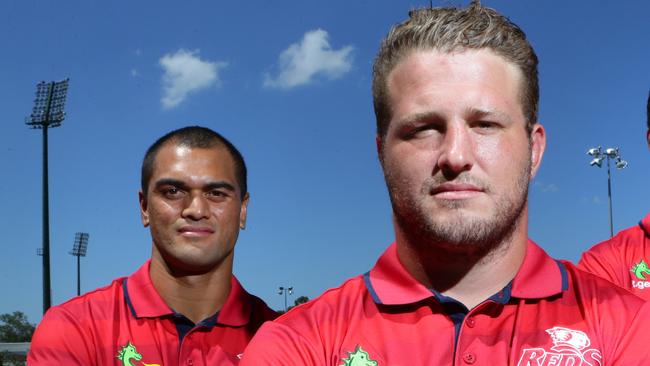 Queensland Reds new Captain James Slipper (middle) and vice-captains Karmichael Hunt and Rob Simmons. Pic Darren England.