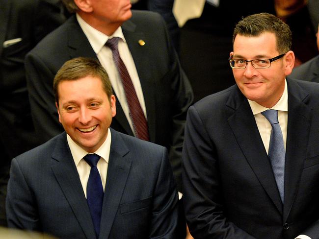 Opening of the 58th Victorian Parliament Tuesday 23 December 2014: Opposition Leader Matthew Guy , Premier Daniel Andrews,  Dep Premier James Merlino and  New Victorian Speaker Telmo languiller. Picture: Martin Reddy Heraldsun/Pool