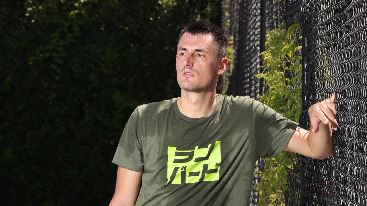 Bernard Tomic – who infamously said he was “bored out there” during Wimbledon one year, now admits he feels similarly about parts of his life outside tennis: “I had sort of outside distractions in life. But I’m kind of bored of that too now to be honest.” He is back on the training court at a private location on the Gold Coast, in preparation for a return. Picture Glenn Hampson