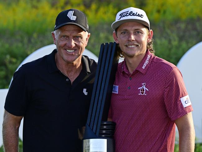 SUGAR GROVE, ILLINOIS - SEPTEMBER 18: Team Captain Cameron Smith of Punch GC poses with Greg Norman, CEO and commissioner of LIV Golf, after winning the individual title during Day Three of the LIV Golf Invitational - Chicago at Rich Harvest Farms on September 18, 2022 in Sugar Grove, Illinois. (Photo by Quinn Harris/Getty Images)