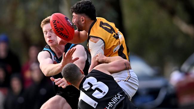 NFL: Lower Plenty’s Jonathon Zapantis is tackled by Simon Carafa of St Mary’s. Picture: Andy Brownbill