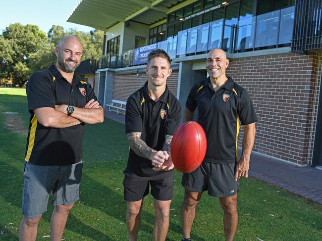 21/01/21 - Port Adelaide afl vice captain Hamish Hartlett is set to be a development coach at Div one Adelaide Footy Leagye Club Goodwood Saints this year. Pictured with Luke Donaldson A grade coach and Darren Loffler under 17.5 coach.Picture: Tom Huntley