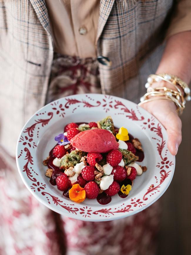 Guillaume Brahimi’s dessert of raspberries, pistachio gâteau, vanilla cream, caramelised white chocolate and raspberry sorbet. Picture: Felix Forest