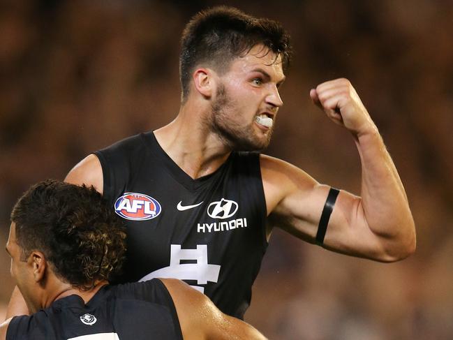 AFL Round1. Carlton vs Richmond at the MCG.   Nic Newman of the Blues celebrates a 3rd qtr goal   . Pic: Michael Klein