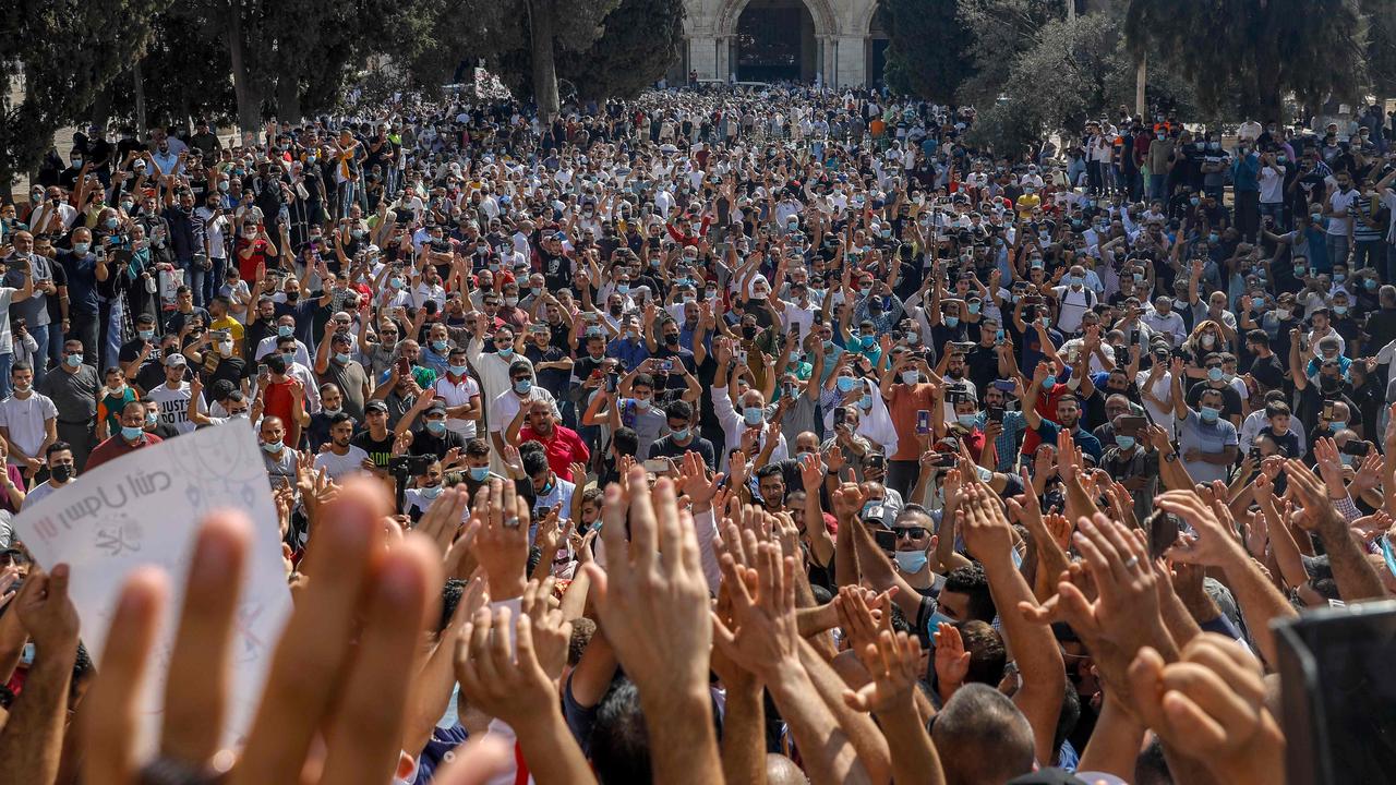 Palestinians gather to protest against the French president, in the al-Aqsa mosque compound, in the Old City of Jerusalem on October 30, 2020. Picture: Ahmad Gharabli / AFP