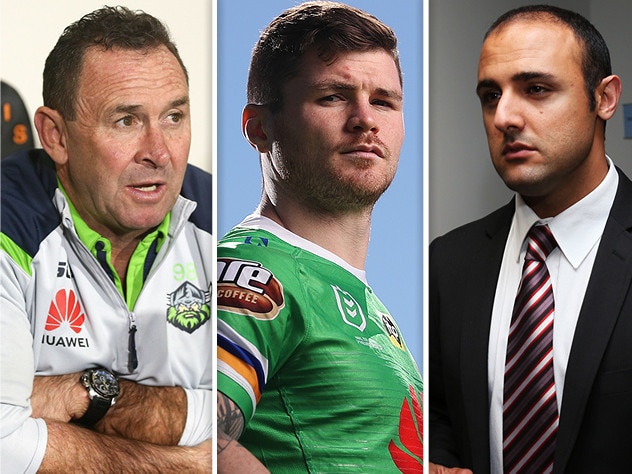 John Bateman, Canberra coach Ricky Stuart and player agent Isaac Moses.