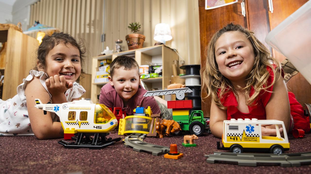 Mirambeena Childrens Centre pre-prep group members (from left) Kora Newton, Henry Macdonald and Samantha Coleman play with Duplo, Friday, December 10, 2021. Picture: Kevin Farmer. Picture: Kevin Farmer