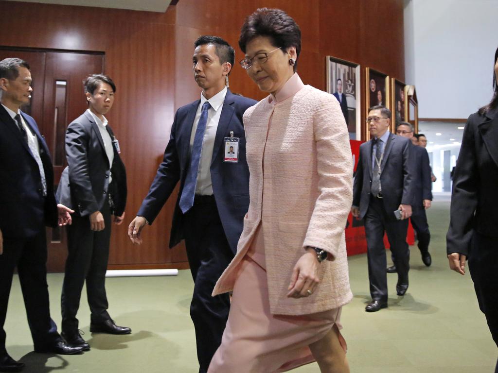 Ms Mo has openly accused Hong Kong Chief Executive Carrie Lam (centre) of being Beijing’s puppet. Picture: AP/Kin Cheung