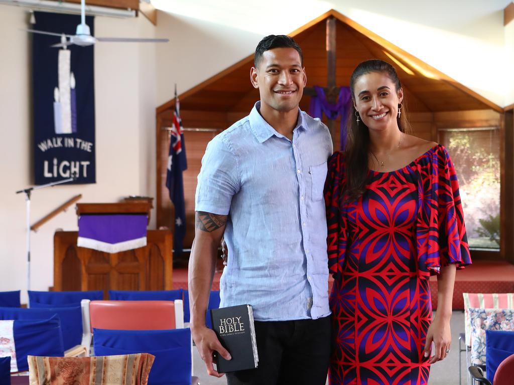 Folau with his wife Maria Folau at Kenthurst Uniting Church after a Sunday service. Picture: Hollie Adams/The Australian