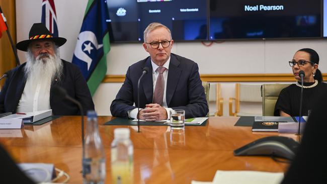 Senator Patrick Dodson, Prime Minister Anthony Albanese and Minister for Indigenous Australians Linda Burney. Picture: Martin Ollman