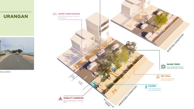 Draft Master Plan showing a comparison of the proposed and existing Esplanade at Urangan. Photo: Fraser Coast Regional Council.