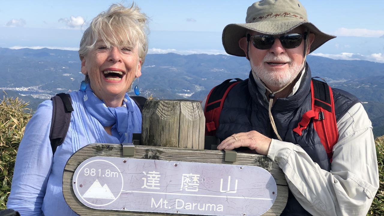 Maggie Beer and husband Colin trekking in the Izu Peninsula, Japan in 2019. Picture: Supplied