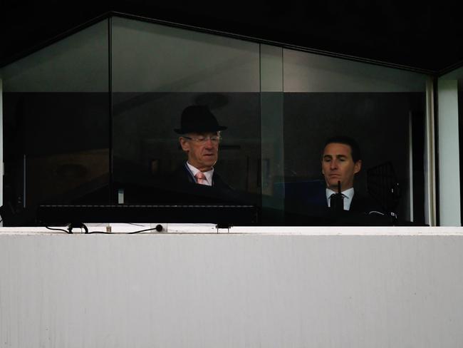 Van Gestel as a trainee with then chief steward Ray Murrihy, hat included, in the stewards’ tower at Randwick.