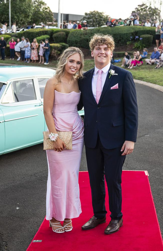 Graduates Alannah Brosnan and Oscar Spies arrive at Mary MacKillop Catholic College formal at Highfields Cultural Centre, Thursday, November 14, 2024. Picture: Kevin Farmer