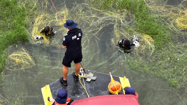 SES drone image of the search for an Atherton man who drowned at Lake Tinaroo on Sunday. Picture: SES