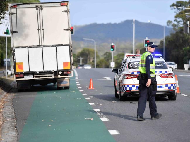 A man has died in a horror collision between a bike and truck, Caloundra Road, on the Sunshine Coast. Picture: Patrick Woods.