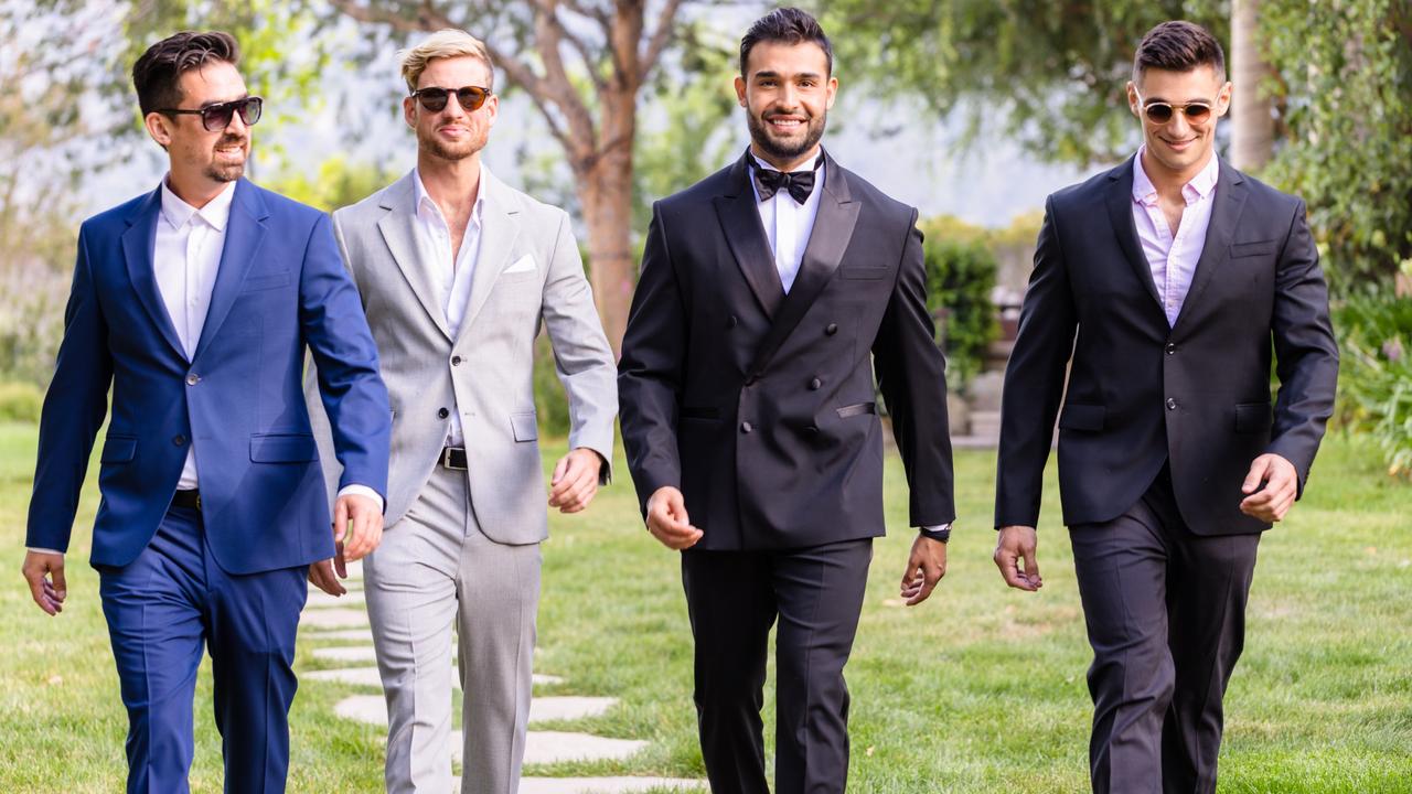 Sam Asghari (third from left) was all smiles on the couple’s big day. Picture: Kevin Ostajewski/Shutterstock/MEDIA MODE