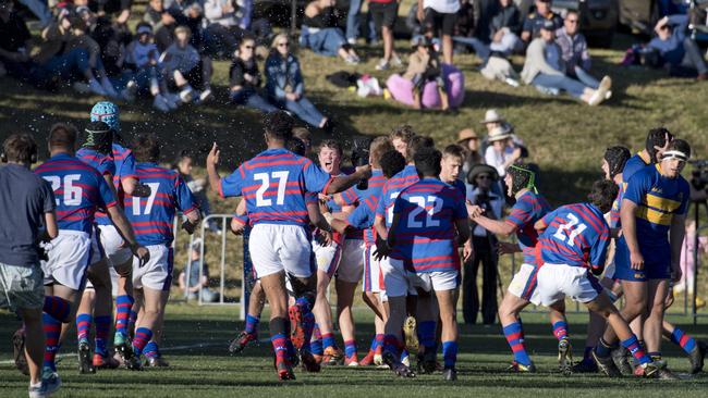 Downlands celebrate their win in the O'Callaghan Cup, Downlands vs TGS. Saturday, 27th Jul, 2019.