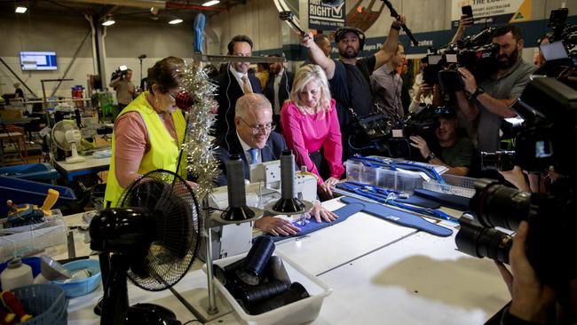 Prime Minister Scott Morrison visits SpanSet, which makes safety products, with member for Lindsay Melissa McIntosh (in pink). Picture: Nikki Short