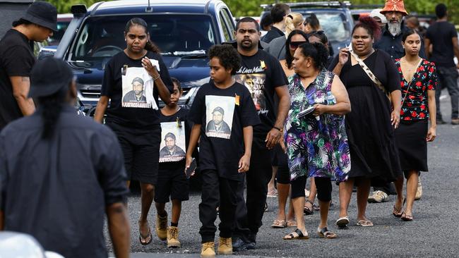 Hundreds of people leave the funeral service of Aubrey Donahue at The Royals church, Mareeba. Mr Donahue, 27, was shot and killed by Queensland Police officers after a four hour siege at a Love St property on March 25, 2023. Picture: Brendan Radke