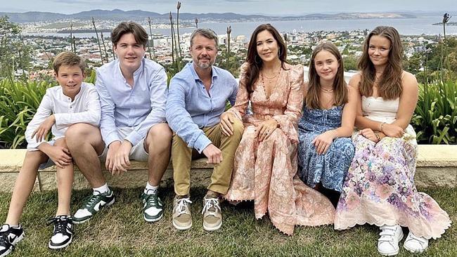 Crown Princess Mary in Hobart with her family, from left, Prince Vincent, Prince Christian, Crown Prince Frederik, Princess Josephine and Princess Isabella. Picture: Det Danske Kongehus / Instagram