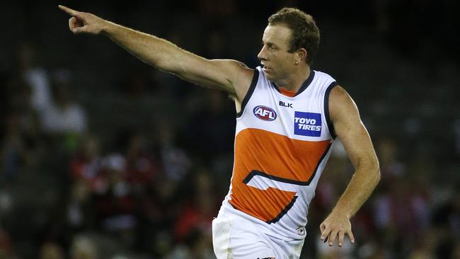 AFL: Round 5 St Kilda v Greater Western Sydney at Etihad stadium, 24th of April, Melbourne Australia. GWS Giants Steve Johnson celebrates his goal in the fourth quarter Picture : George Salpigtidis
