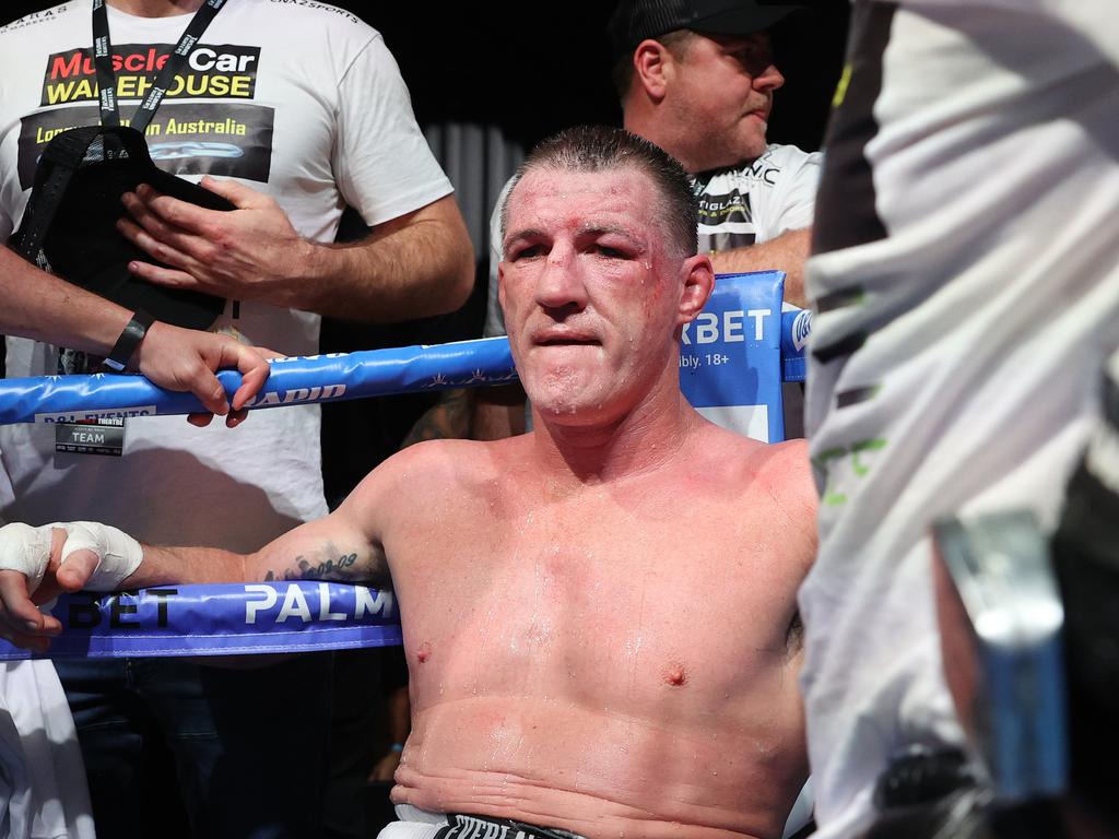 Paul Gallen was battered and bruised after Justis Huni broke his rib in the second round of their fight. Picture: Richard Dobson