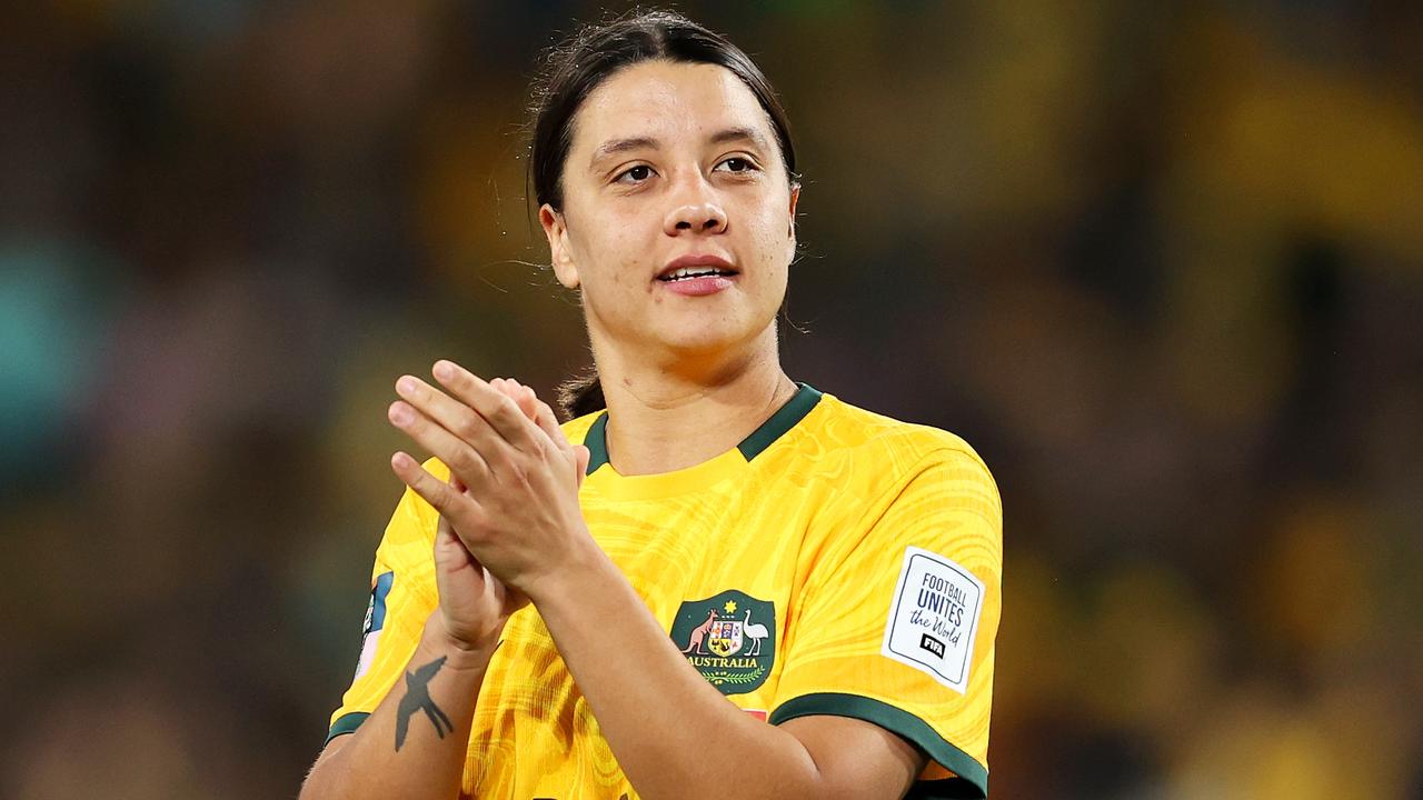 Sam Kerr applauds fans after Australia’s win over Denmark. Picture: Getty Images