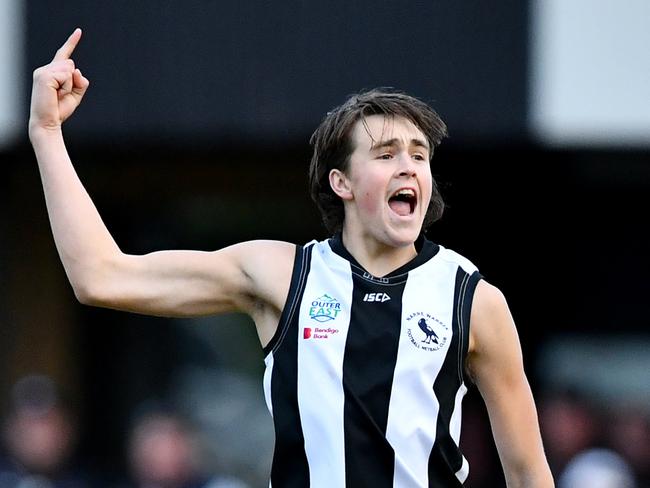 Sam Toner of Narre Warren celebrates kicking a goal during the round ten Outer East Football Netball League Premier Data Premier Division Seniors match between Narre Warren and Woori Yallock at Kalora Park, on June 22, 2024, in Melbourne, Australia. (Photo by Josh Chadwick)