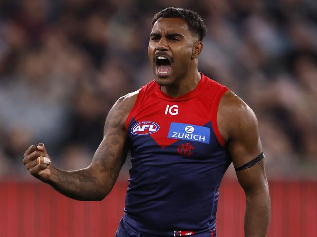 MELBOURNE, AUSTRALIA - AUGUST 23: Kysaiah Pickett of the Demons celebrates a goal during the round 24 AFL match between Melbourne Demons and Collingwood Magpies at Melbourne Cricket Ground, on August 23, 2024, in Melbourne, Australia. (Photo by Darrian Traynor/Getty Images)