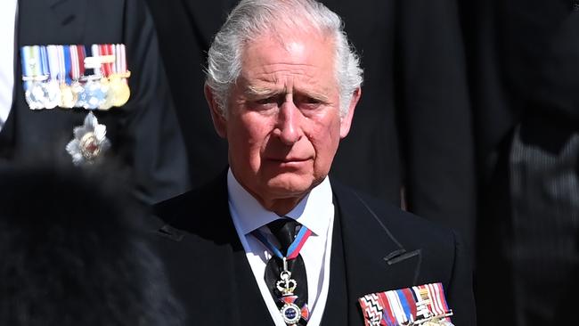 Charles walks behind Prince Philip’s coffin during the Ceremonial Procession at Windsor Castle on April 17, 2021. Picture: Leon Neal/WPA Pool/Getty Images