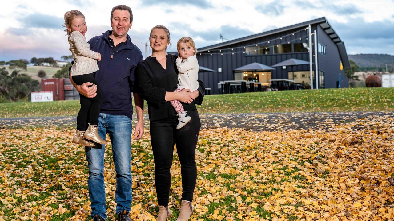 Adam and Grace D'Darcy with daughters Isabella 4 and Charlotte 2. Adam and Grace D'Arcy of Plenty Cider won Best in Show, Best Small Producer and Best Fruit Cider at the 2023 Australian Cider Awards. Picture: supplied