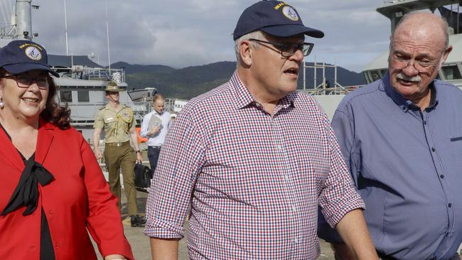 In May 2021 Prime Minister Scott Morrison visited the Australian navy base HMAS Cairns with Defence Industry Minister Melissa Price and federal member for Leichhardt Warren Entsch. Picture: NCA Newswire/Sean Davey