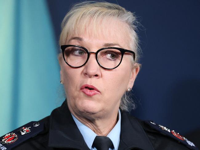 Queensland Police Commissioner Katarina Carroll during a Press conference about a police officer who died overnight on the Bruce Highway, Police Headquarters Brisbane. Picture: Liam Kidston.