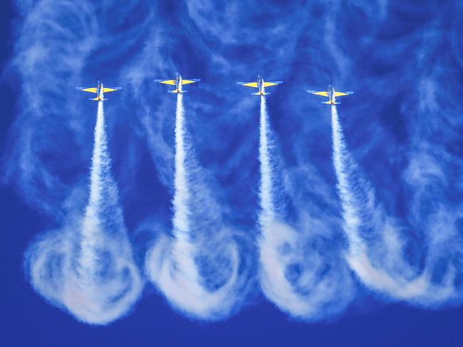 Is it a bird, is it a plane? No it’s four Brazilian Air Force planes performing at the International Air Show in Colombia. Picture: Juancho Torres/Anadolu Agency via Getty Images