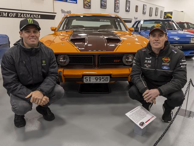 V8 Supercars drivers Cam Waters and Richie Stanaway at Launceston's National Automobile Museum of Tasmania on Tuesday. Picture: Mark Horsburgh/V8 Supercars